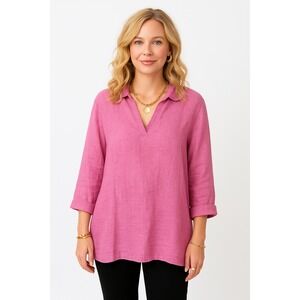 TAHARI 3/4 Sleeve Collared Lagenlook Blouse Tunic 100% Linen Magenta Pink  Sz XL